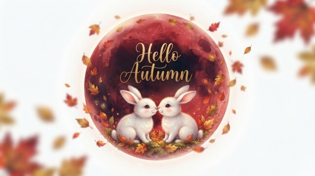 Watercolor painting of two white rabbits with autumn leaves and text