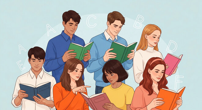 Diverse group of people reading books, symbolizing education, knowledge, and shared learning. Letters in background suggest academic progression.