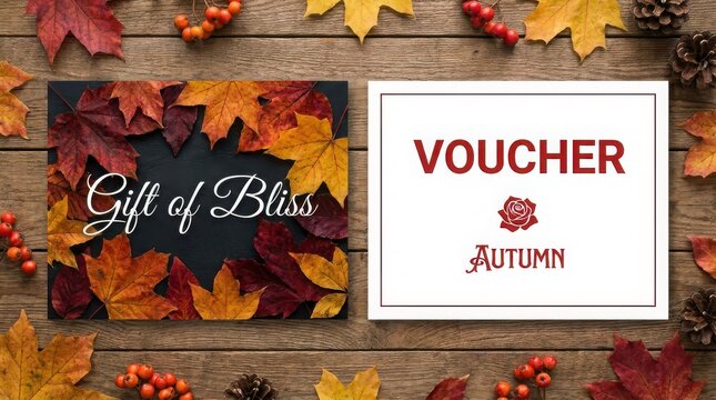 Autumn gift voucher surrounded by colorful fall leaves on wood background