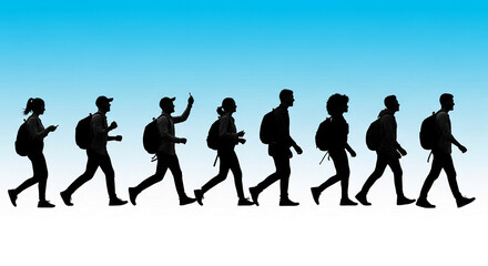 Fototapeta premium Silhouettes of diverse people walking with backpacks against a gradient blue sky, symbolizing journey, movement, and exploration for travel or adventure concepts.