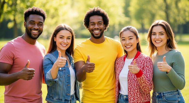 Diverse group of young adults smiling and giving thumbs up in a park, representing unity, positivity, and friendship, perfect for lifestyle or community themes