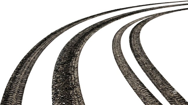 Tire tracks curving on dirt road isolated on white background