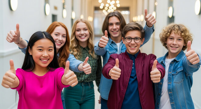 A diverse group of smiling young people show thumbs up, symbolizing success, approval, and positivity in a bright, modern setting