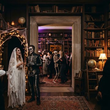 People in halloween costumes standing in a vintage library during a party.