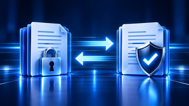 Encrypted File Transfer Concept With Lock Shield And Directional Arrows