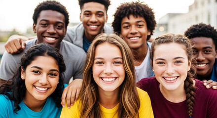 Fototapeta premium Group of smiling young people, representing friendship, diversity, and youthful energy, suitable for lifestyle or community concepts