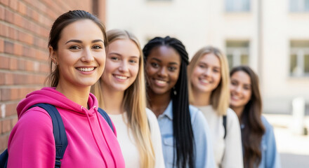 Fototapeta premium Diverse group of smiling young women standing together, representing unity and friendship, with a brick building and soft light in the background