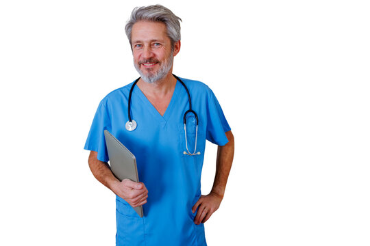 Male healthcare professional wearing blue scrubs and a stethoscope, holding a digital tablet, smiling confidently with a transparent background