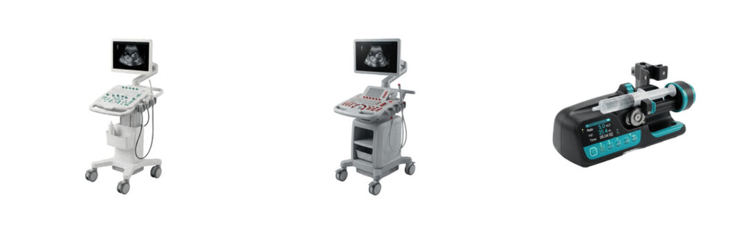 Medical ultrasound machine and syringe infusion pump collection isolated on white background, advanced clinical diagnostic imaging equipment and hospital healthcare technology devices vector PNG