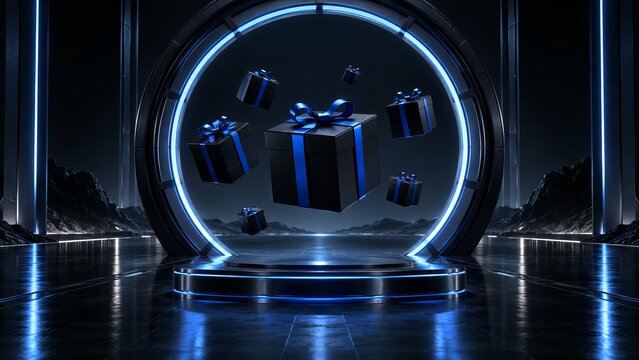 Black Gift Boxes Hovering Inside Circular Portal in Black Friday Sci Fi Set