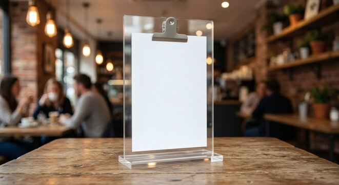 Photorealistic mockup of a vertical clear acrylic menu holder on a cafe table