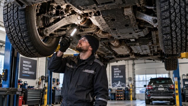 Mechanic inspecting car suspension system with flashlight in auto repair shop to ensure vehicle safety before winter driving conditions. The technician performs a detailed check on the undercarriage.