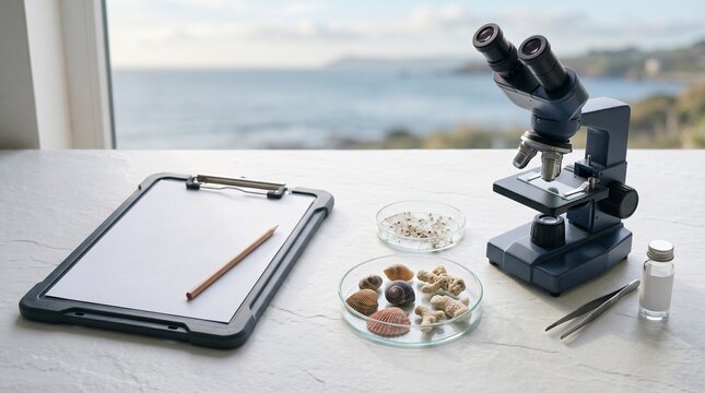 Microscope, petri dishes with sea shells and coral, tweezers, and clipboard on white desk overlooking ocean, representing marine biology field kit and scientific ocean research