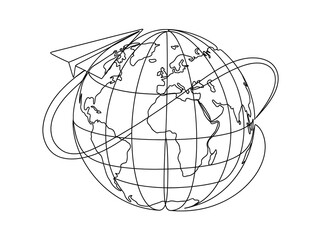 Obraz premium Continuous one line drawing of an earth globe with a paper airplane