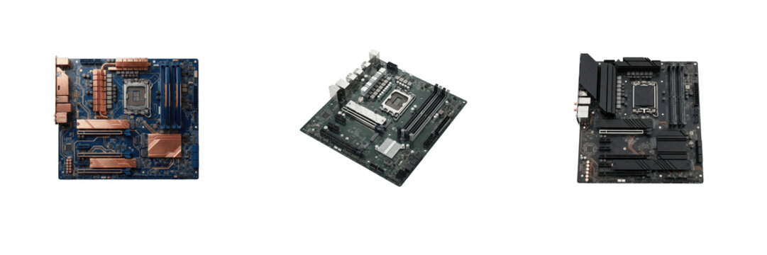 Computer motherboards set isolated on white background, electronic circuit boards with CPU sockets, chipset heatsinks, and RAM slots for PC assembly, hardware repair, and desktop computer building   
