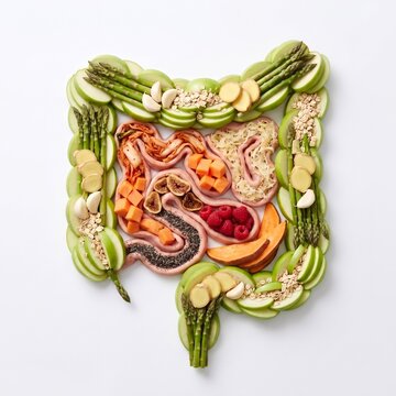 Healthy superfoods including asparagus, kimchi and chia seeds forming human alimentary canal silhouette on white background for digestive health nutrition and diet advertising campaign