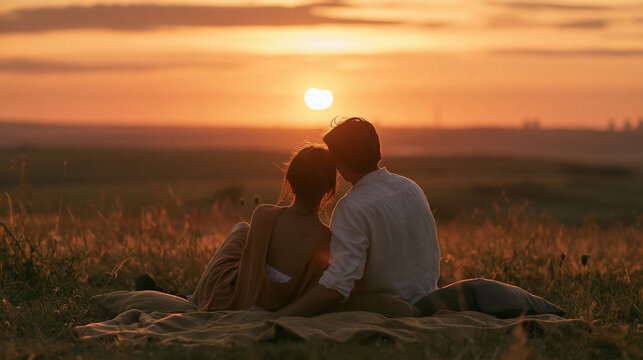 Couple silhouette sitting together watching sunset in golden field, warm light romantic outdoor lifestyle photography concept