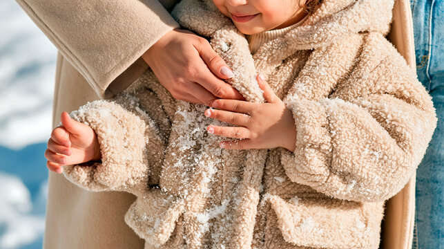 Young child in a warm beige coat covered with fresh snow while a parent gently adjusts the clothing during a winter day outdoors