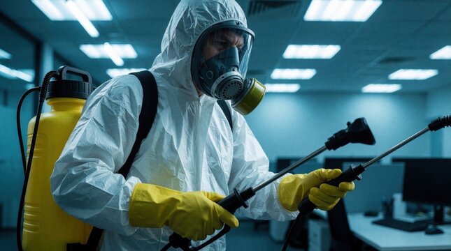 Person in hazmat suit sprays disinfection liquid in office interior. Worker wears respirator mask gloves. Professional cleaning service prevents virus spread.