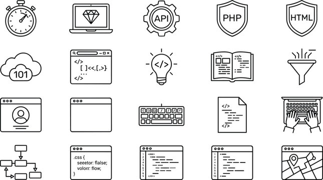 Software programming and web development line icons set including code windows browser api cloud flowchart and laptop vector,.