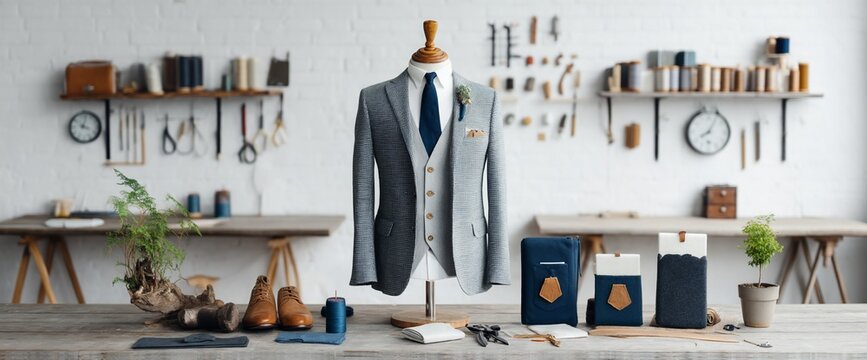Bespoke suit on a mannequin, accessories & tailoring tools in a workshop. Wedding ready