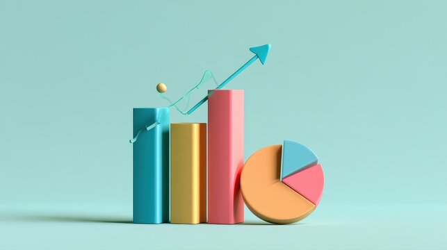 Market trend analysis, dimensional bar chart with dynamic line graph and pie chart, soft shadows, 3D illustration. 