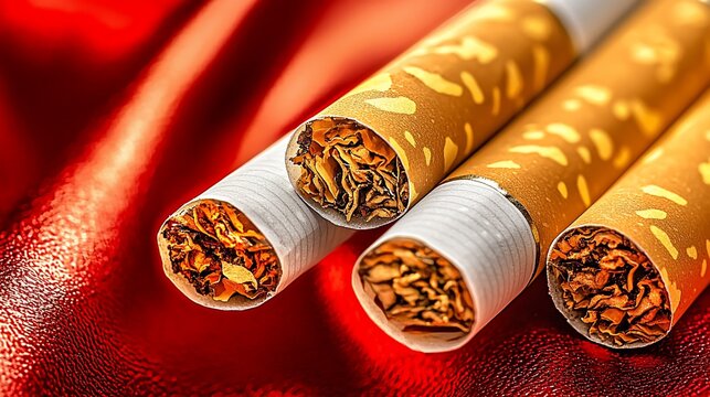 Close-up of three cigarettes on red fabric.
