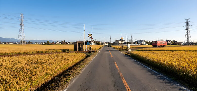 Nostalgic countryside railroad crossing and rural scenery surrounded by green rice fields in rural Japan