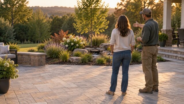 Homeowner and landscaper on patio reviewing planting bed, consultation banner copy space