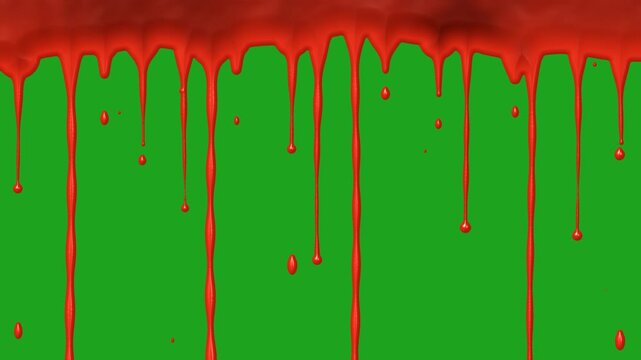 Red Liquid Dripping Down From Top of Frame on Green Screen. Glossy Blood or Paint Streams and Falling Drops. Halloween Horror Chroma Key Overlay