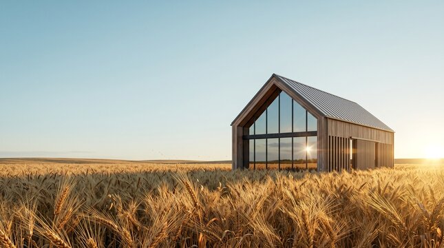Modern wooden barn with panoramic glass windows in golden wheat field at sunset, Thanksgiving harvest abundance and architectural serenity concept with copy space  