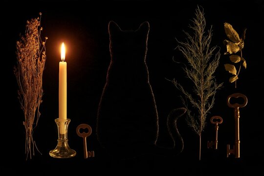 Black Cat Silhouette with Candle and Antique Keys