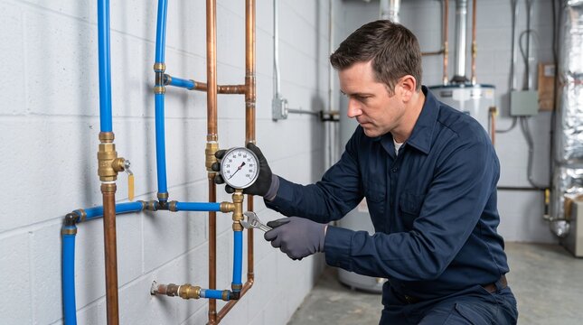 Male plumber in blue uniform using wrench to adjust water pressure gauge on copper and pex pipes, depicting professional plumbing maintenance and pipe repair