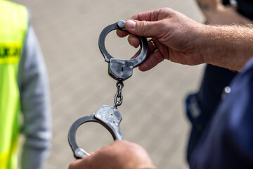 Kajdanki w rękach policjanta dla przestępcy © FotoDax