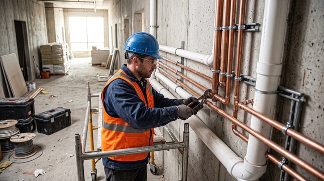Male plumber wearing hard hat and safety vest installing copper water pipes at construction site, depicting commercial plumbing installation and building construction