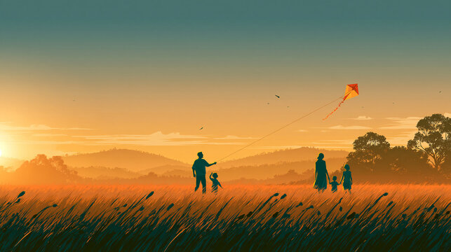 Flat vector illustration of family silhouette flying kite in field at sunset, warm orange sky nature outdoor activity design concept