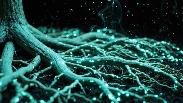 Growing tree roots with glowing light particles animation