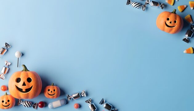 Pumpkins and assorted halloween candies rest on a light blue background sweets autumn fall orange