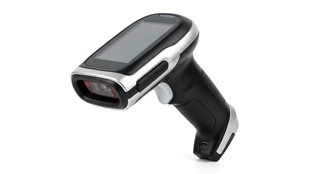Modern wireless handheld barcode scanner isolated on white background.