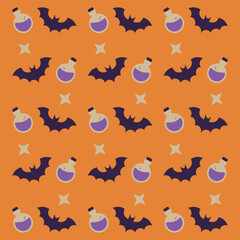 Fototapeta premium Seamless pattern with Halloween bats and magic potion bottles on orange background