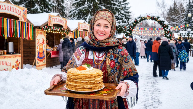 Russian Woman in Traditional Folk Costume Holding Stack of Pancakes During Maslenitsa Winter Festival