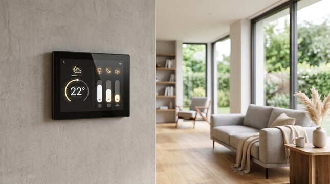 Wall mounted digital smart home touch screen panel controlling climate and lighting in modern living room, highlighting automated home architecture and IoT technology
