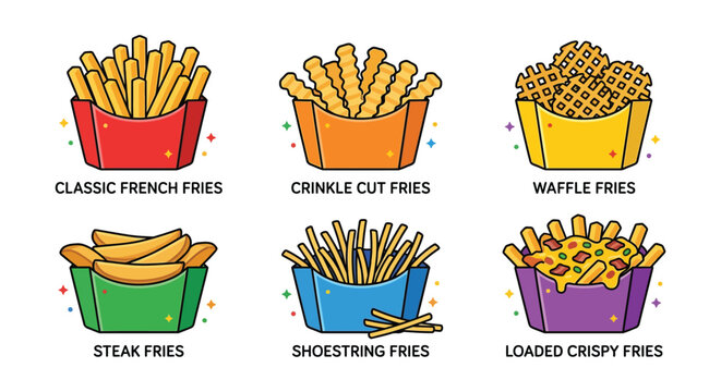 Variations of french fries depicted in a colorful vector illustration