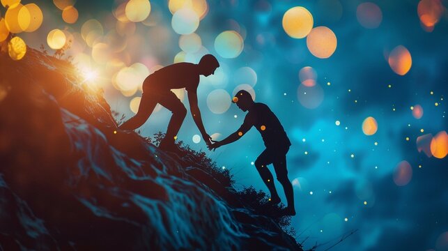 Dramatic conceptual artwork of a helping hand pulling someone up a steep cliff, symbolizing rescue, crisis support, overcoming adversity, and hope.