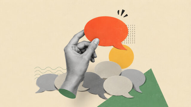 Speaking up, opinion and being heard above the noise. Paper collage hand raising one vivid speech bubble from a heap of muted ones