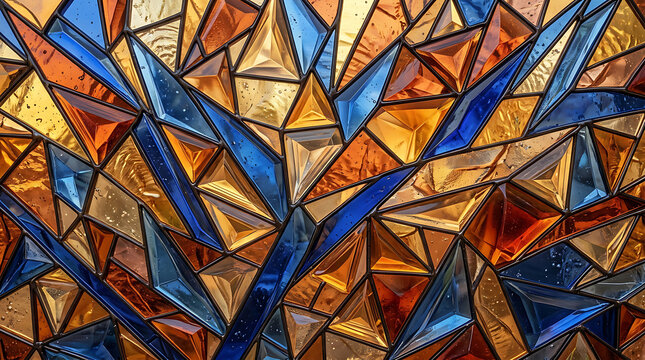 Colorful stained glass window with geometric triangle shapes in shades of blue and orange