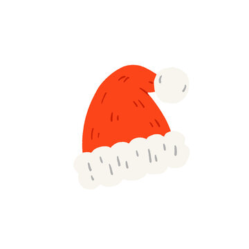 Cute red Santa hat with white fluffy trim and pompom illustration PNG clipart isolated on transparent background