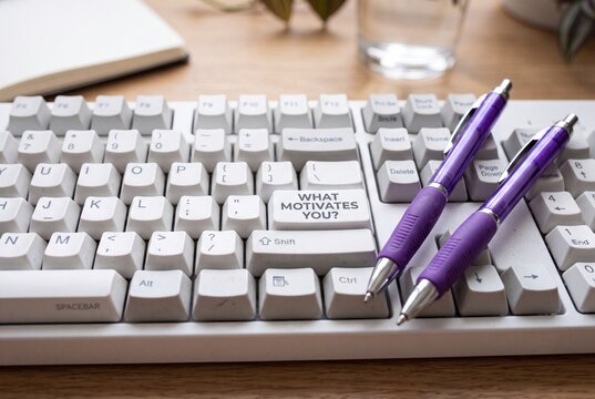 Close-up of a white computer keyboard with a custom key labeled 'WHAT MOTIVATES YOU?' beside two purple rubber grip pens