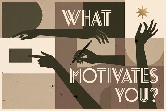 Abstract minimalist design featuring elongated olive-green arms with motivational text on beige and brown geometric art