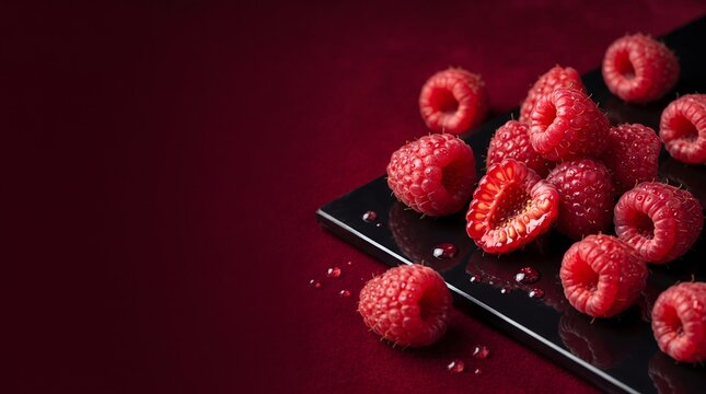 Fresh Ripe Raspberries with Water Droplets on Deep Crimson Background with Copy Space